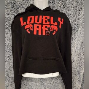 New Black Crop Hoodie with Red LOVELY AF Print w/ Custom Cut Out Ties In Back